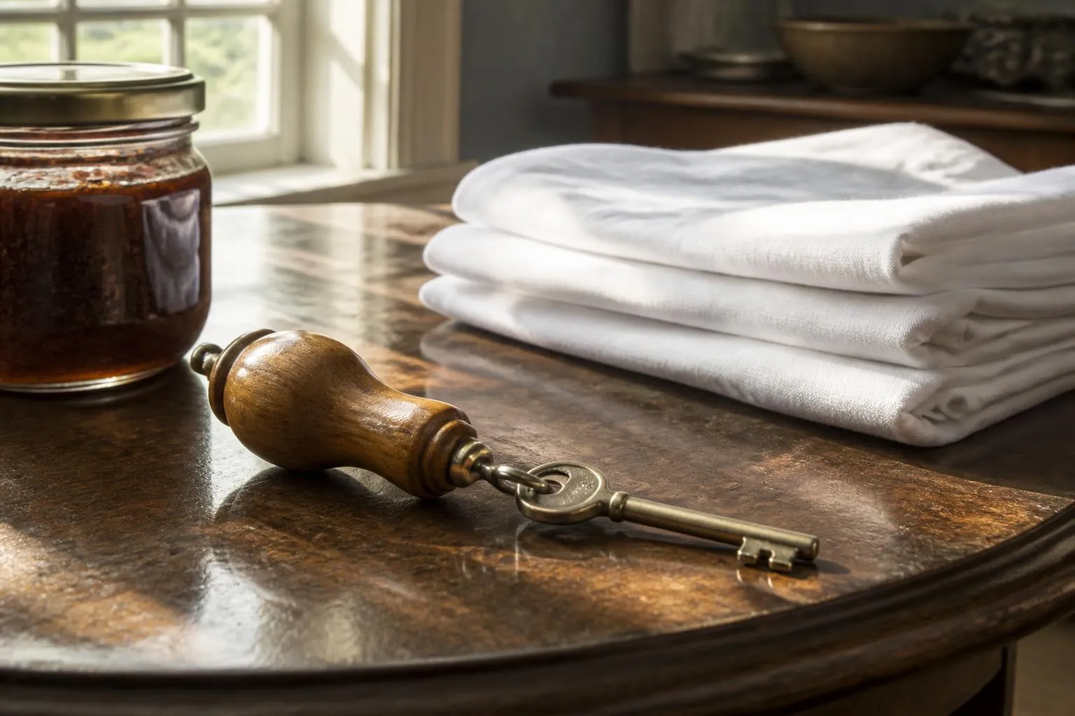 Une clé de chambre en bois posée sur un guéridon ciré, à côté d'un pot de confiture et de linge de maison plié