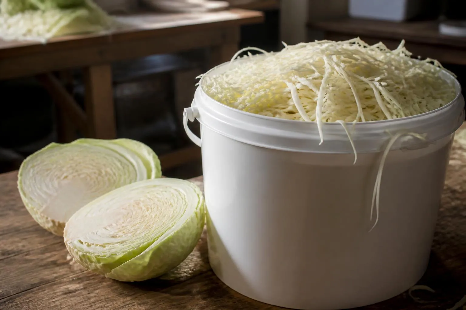 Choucroute crue fraîchement fermentée dans une cuve en bois, avec un chou blanc entier posé à côté