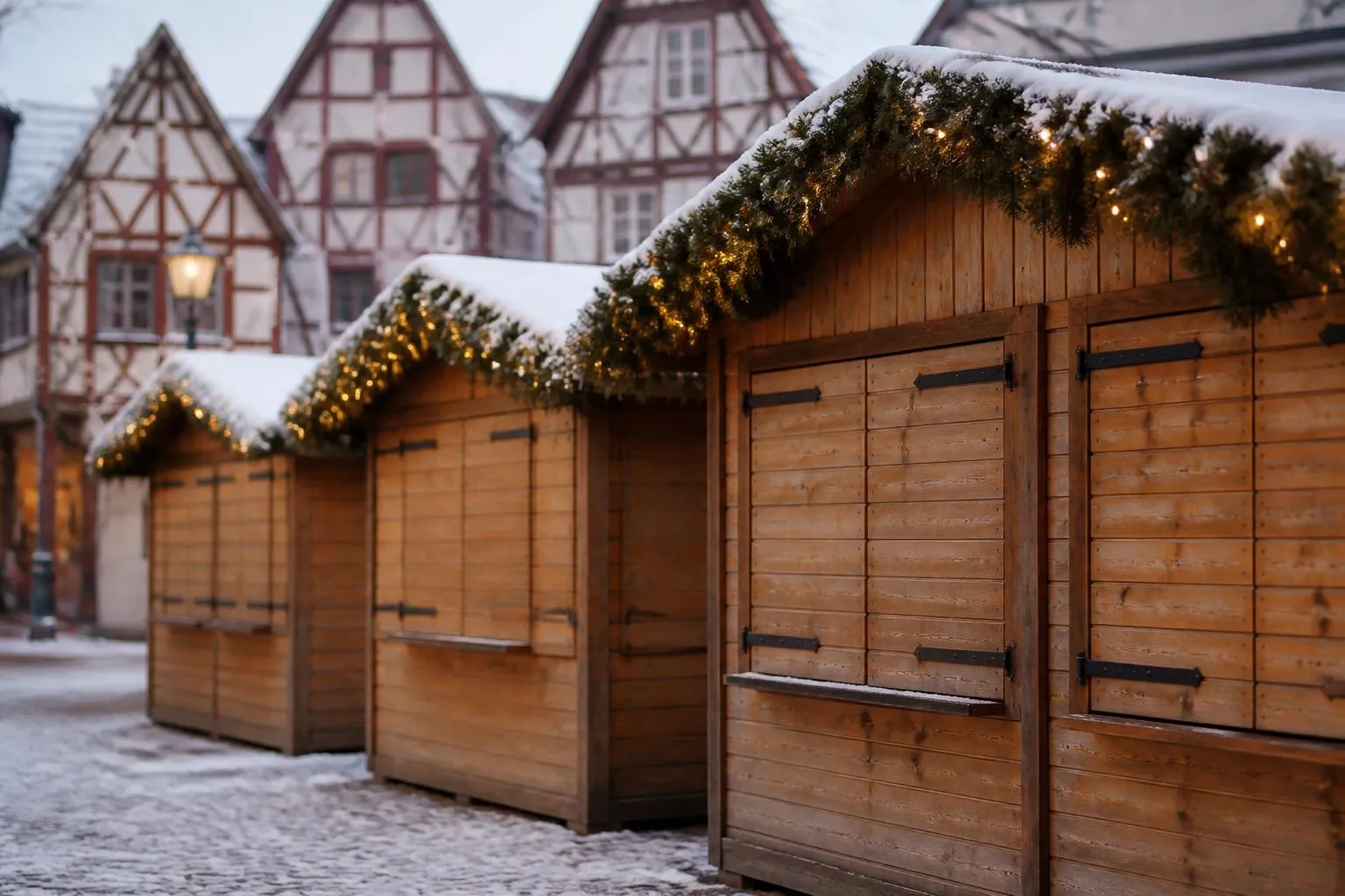 Chalets de bois fermés et bâchés sur une place pavée, guirlandes encore allumées au petit matin