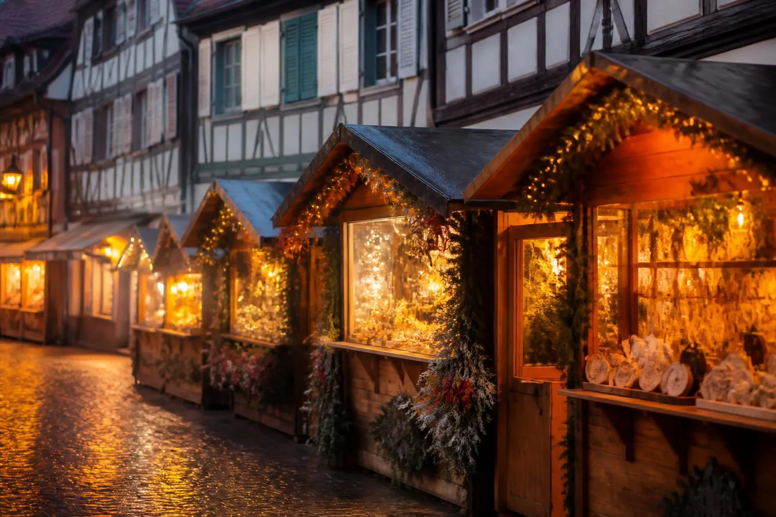 Chalets en bois d'un marché de Noël alsacien au pied de maisons à colombages, le soir, guirlandes allumées