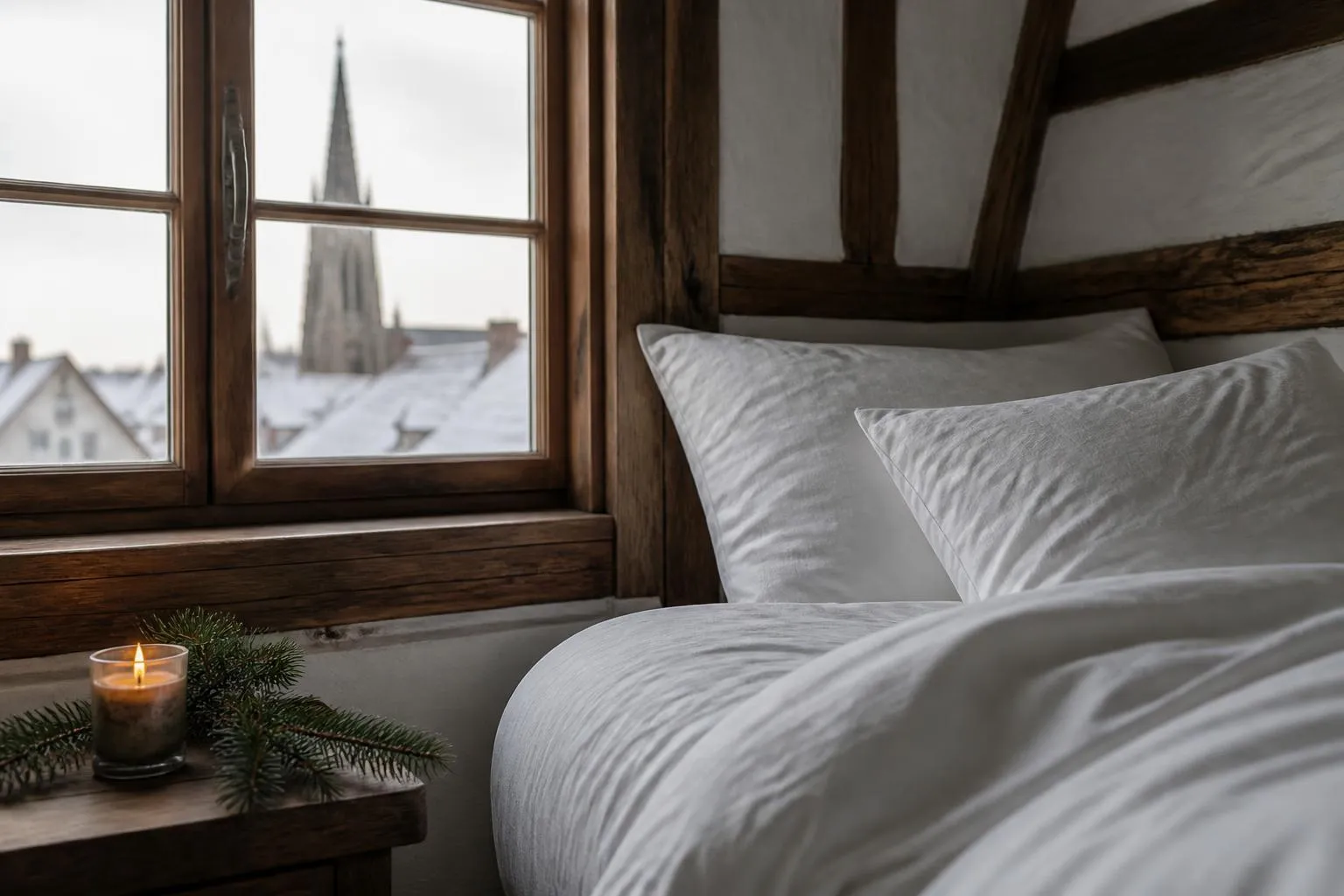 Chambre à colombages décorée pour l'Avent, fenêtre ouverte sur les toits enneigés de Strasbourg